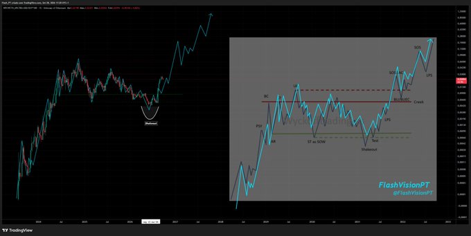 Two trading charts from TradingView labeled 'FlashVisionPT @FlashVisionPT', displaying Wyckoff methodology annotations including 'SOW', 'SOP', 'BC', 'ST', 'Spring', 'UTAD', and LPS markers.