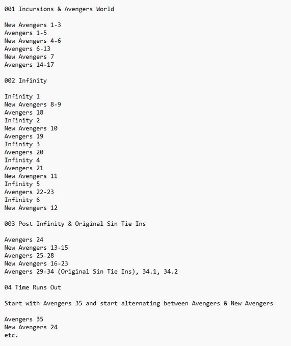 A reading order guide for Marvel comics, listing Avengers and New Avengers issues organized by arcs: '001 Incursions & Avengers World', '002 Infinity', '003 Post Infinity & Original Sin Tie Ins', and '04 Time Runs Out'.