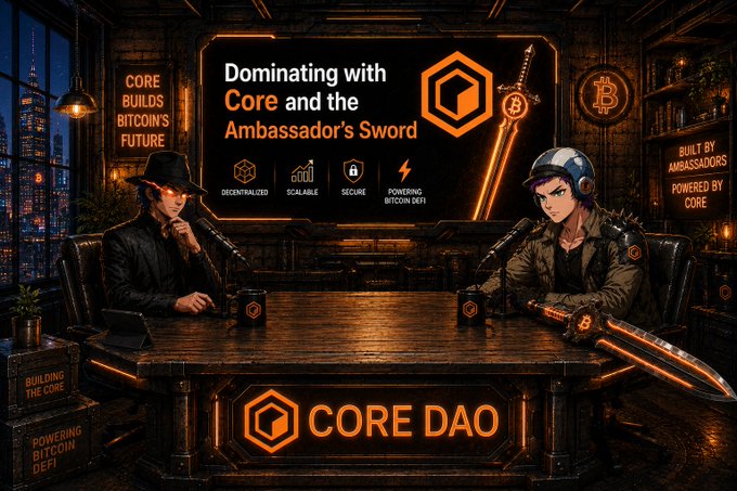 Promotional graphic titled "Dominating with Core and the Ambassador's Sword" featuring two stylized characters at a desk labeled "CORE DAO," highlighting features like "Decentralized," "Scalable," "Secure," and "Powering Bitcoin DeFi."