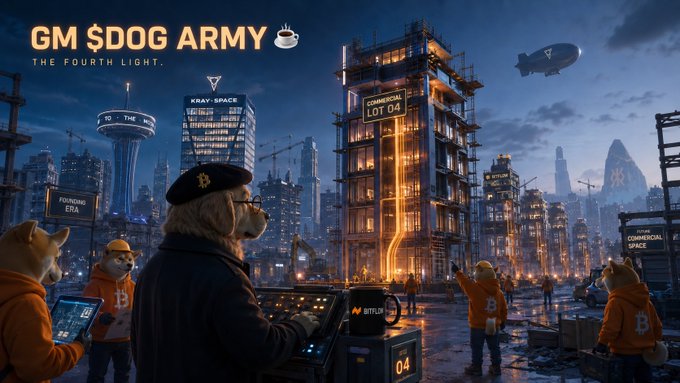 A cyberpunk-style cityscape at night with the text 'GM $DOG ARMY' and 'THE FOURTH LIGHT' features anthropomorphic dogs in hoodies, with visible signage including 'KRAY SPACE', 'COMMERCIAL LOT 04', and 'BITFUN'.