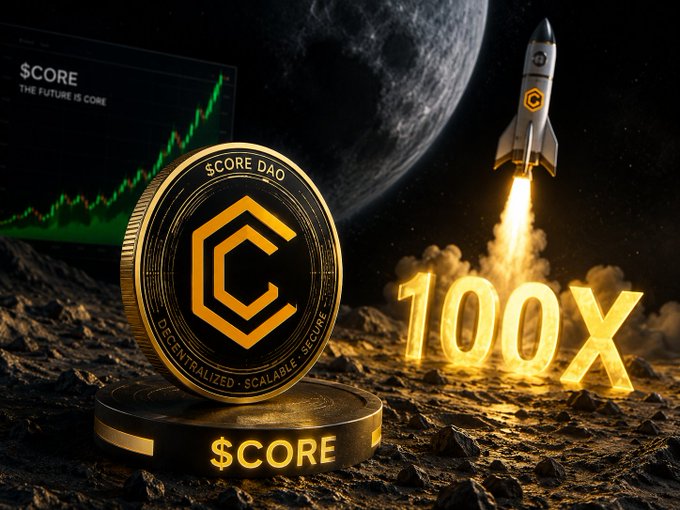 Crypto promotional image for 'SCORE DAO' showing a golden coin on a lunar surface with a rocket launch, a '100X' graphic, and a stock chart trending upward.