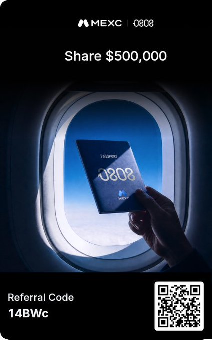A MEXC promotional graphic showing a hand holding a passport labeled '0808' against an airplane window view, advertising a 'Share $500,000' referral program with code '14BWc' and a QR code.