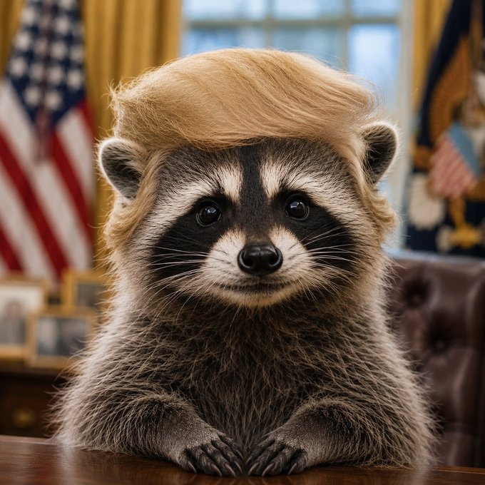 A digitally edited image of a raccoon with distinctive blonde hair, seated at a desk in what appears to be the Oval Office with American flags in the background.