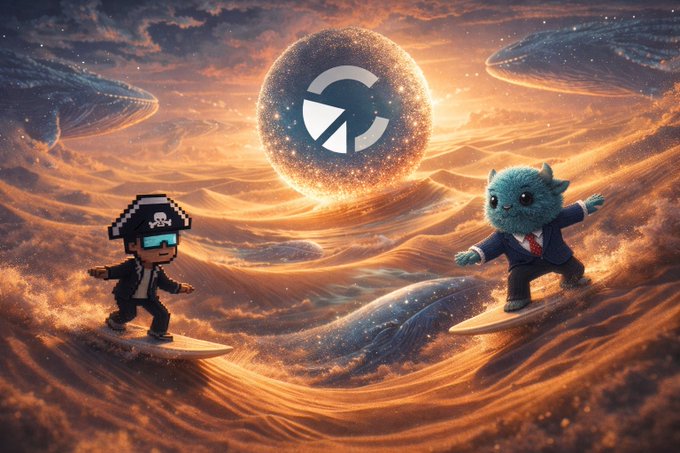 A fantasy artwork showing pixel-art and furry characters surfing on golden waves toward a glowing circular logo in a cosmic sunset setting