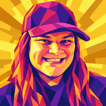 A vibrant pop-art style digital portrait of a smiling woman wearing a purple cap and pink/red patterned scarf against a yellow sunburst background.
