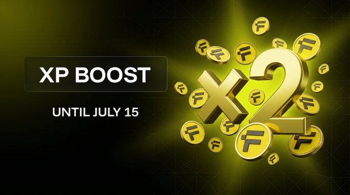 A promotional graphic announcing an "XP BOOST UNTIL JULY 15" with a large golden "X2" multiplier and scattered coins featuring the Flipper "F" logo, visually reinforcing the post's mention of a free testnet XP farming opportunity on Flipper.