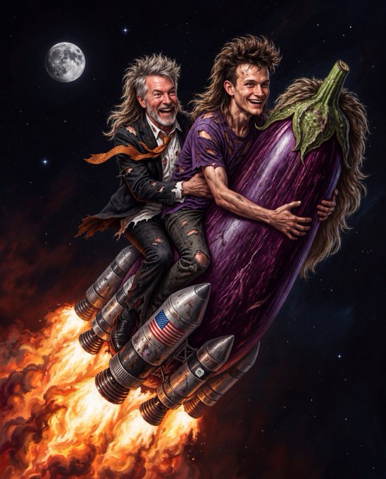 A fantasy illustration depicts two mullet-haired men riding a giant rocket-powered eggplant through a fiery, starry sky with the moon in the background.