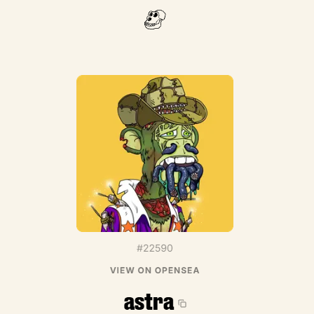 A cartoonish green ape wearing a cowboy hat with a snake, red bandana, and white tuxedo jacket is displayed as NFT #22590 on Astra's OpenSea marketplace, complementing the post about acquiring a "mutant monkey" NFT and references to Bored Ape-themed content.