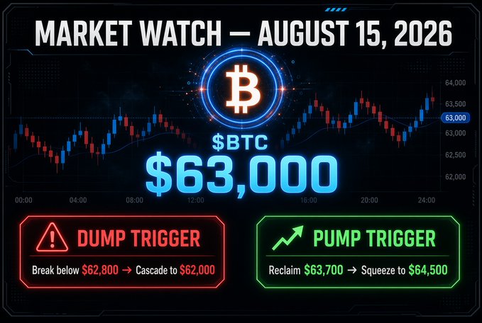 A 'Market Watch - August 15, 2026' dashboard displays Bitcoin ($BTC) at $63,000 with a candlestick chart, alongside red 'Dump Trigger' (break below $62,800) and green 'Pump Trigger' (reclaim $63,700) alerts.