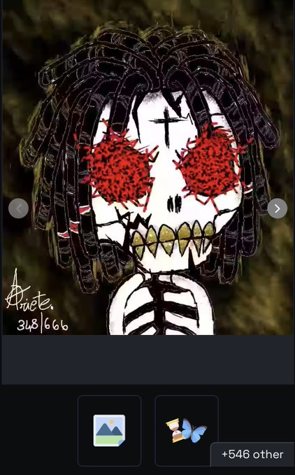 A digital illustration of a dark, stylized skull-like character with dreadlocks and bloody red eyes, numbered 348/666, displayed in a digital art viewer.