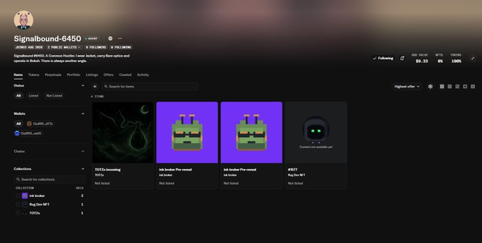 A screenshot of an NFT marketplace profile for "Signalbound-6450" displaying items including "Ink Invader Pre-reveal", "Golem", and "Odd5".