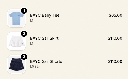 An online shopping cart displays three BAYC apparel items: a Baby Tee in size M for $65.00, a Sail Skirt in size M for $110.00, and Sail Shorts in size M (32) for $110.00, reflecting the user's intent to purchase a MAYC tote along with the shorts they've indicated interest in returning for.
