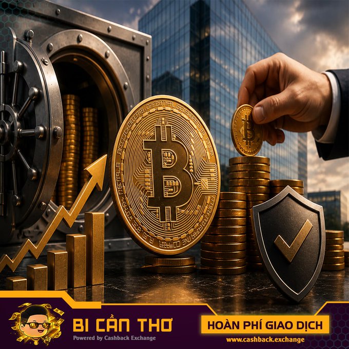 The image shows a promotional graphic featuring a vault of gold coins, a large Bitcoin token, a businessman's hand placing coins on stacks, and a security shield with a checkmark, alongside a rising bar chart. Text reads "BÍ CÂN THƠ Powered by Cashback Exchange" and "HOÀN PHÍ GIAO DỊCH - www.cashback.exchange." The imagery of security, vaults, and growth visually reinforces the post's message about Grayscale's confidence that Strategy's Bitcoin sale strengthens—not weakens—the company's treasury model.