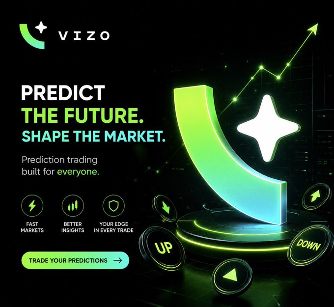 Promotional graphic for 'Vizo' prediction trading platform with the tagline 'Predict the Future. Shape the Market,' featuring a glowing green star and 3D logo with UP/DOWN trading buttons.