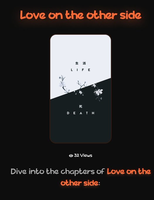 Digital poster or app screen titled 'Love on the other side' showing a smartphone display split between '生活 / LIFE' on a light background and '死 / DEATH' on a dark background with cherry blossoms, noting '32 Views'.