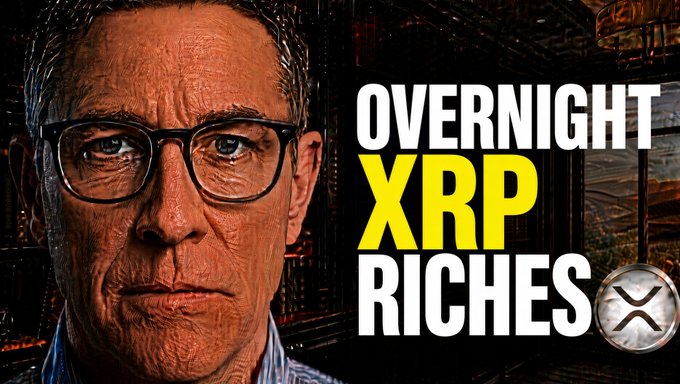 A YouTube thumbnail shows a close-up of a man with glasses next to bold text reading 'OVERNIGHT XRP RICHES' with an XRP logo.