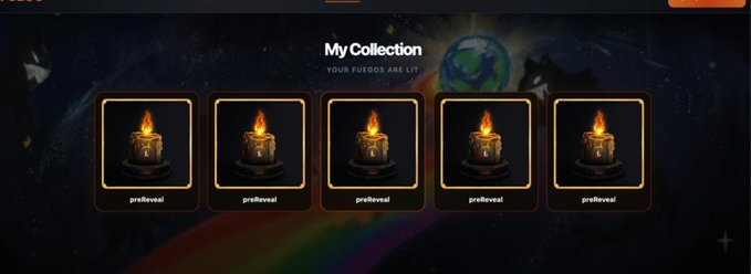 This image displays a "My Collection" page from Fuego NFT featuring five identical candle items all marked "prefereveal," suggesting a pre-launch or unrevealed stage. The pre-reveal status of the collection aligns with the post's excitement about the upcoming Fuego NFT launch, highlighting anticipation for the OG-powered drop.