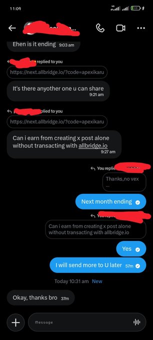 A screenshot of a social media DM conversation discussing earning from creating posts on allbridge.io, with a referral link shared and the sender promising to send more later.