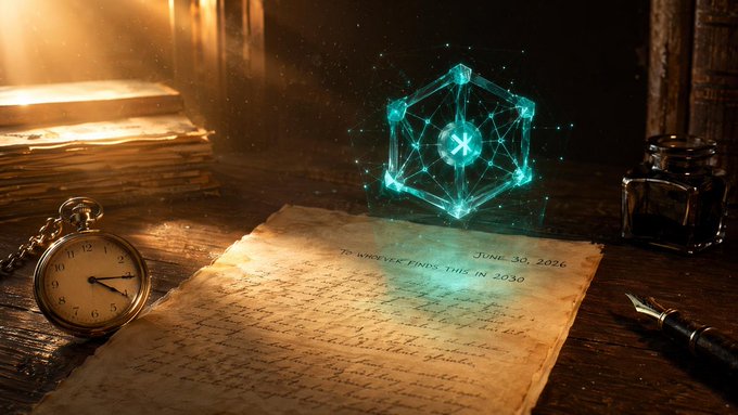 A glowing teal holographic hexagon hovers above a handwritten letter dated "June 30, 2026" with the inscription "TO WHOMEVER FINDS THIS IN 2030," beside a vintage pocket watch and inkwell—evoking a time-capsule message from the future announcing Kaspa's Toccata hardfork and the arrival of L1 programmability.
