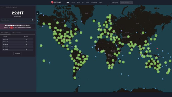 A GEODNET StableBox dashboard showing 22,317 miners found worldwide on a world map with green and blue dots indicating node locations.
