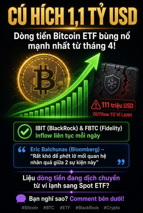 A Vietnamese graphic about Bitcoin ETFs titled "CÚ HÍCH 1,1 TỶ USD," highlighting $111 million in outflows from cold wallets and continuous inflows into IBIT and FBTC, with a quote from Bloomberg's Eric Balchunas.