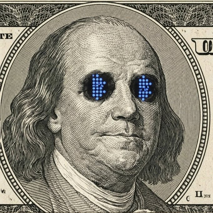 A digitally altered version of Benjamin Franklin's portrait on the $100 bill, featuring pixelated blue glowing eyes.