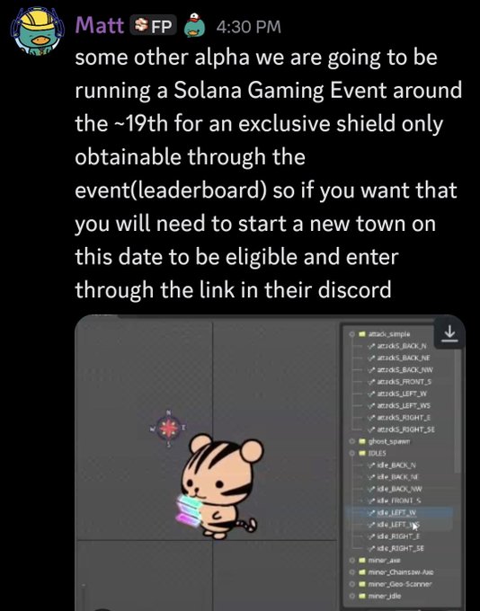 A Discord message from "Matt" at 4:30 PM announces an upcoming Solana Gaming Event around the 19th, featuring an exclusive shield obtainable only through a leaderboard, requiring participants to start a new town to be eligible. The image shows a 2D game editor interface with a cartoon tiger character sprite and a directory of animation assets (idle, walk, run, etc.), illustrating the Solana ecosystem's support for game developers building on the platform.