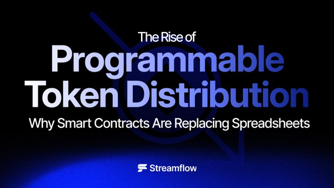 The image features a blue banner with white text that reads "The Rise of Programmable token distribution". The text explains that smart contract-based token distribution systems can help teams manage tokens, such as those used for cryptocurrency exchanges like @solana. These systems allow for automated vesting, locking, and distributing tokens among users or stakeholders. They also enable the creation of smart contracts to enforce these token distribution rules, ensuring transparency and fairness in the token allocation process. The image is accompanied by a blue background with white text that reads "Why Smart Contracts Are Replacing Spreadsheets".