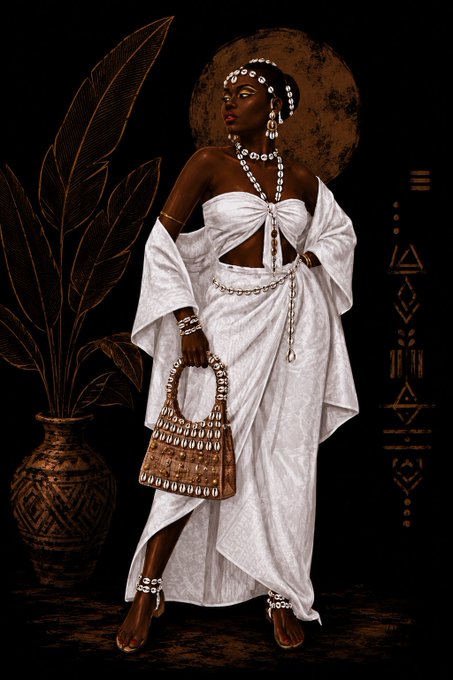 A digital illustration of a woman in traditional African-inspired white attire with shell jewelry, holding a beaded bag against a dark background.