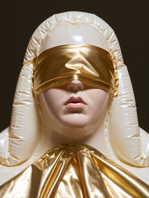 A mannequin draped in glossy cream and gold satin with a golden blindfold, evoking the luxurious and mysterious aesthetic common in NFT profile art. The image's themes of concealment, opulence, and digital identity align with the cryptic, collectible nature of NFTs.