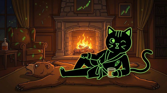 A neon-style illustration of a black cat wearing a bathrobe and holding a glass, lounging on a bear rug in front of a cozy fireplace.