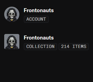 The image shows a profile for "Frontonauts" with two listings: an "ACCOUNT" entry and a "COLLECTION" containing 214 items, both featuring a skull-pilgrim pixel art icon. This appears to support the post's warning about an upcoming NFT minting event on OpenSea, likely serving as a visual reference to the Frontonauts collection where the 214 items will be minted once the contract is deployed.