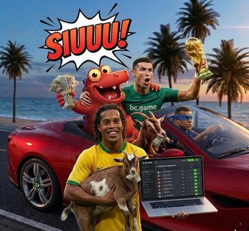 The image features a man holding a goat, with two other men standing next to him who are also holding goats. They appear to be celebrating something related to the World Cup or a similar event. The background of the image shows palm trees and a red convertible car parked nearby. In the foreground, there is an open laptop displaying a game called "WC2026 UGC Hub". The post includes text that reads: "Boom! Two epic UGC creators just claimed 1,500 $BC for their fire WC2026 creations! Our community is turning the World Cup into pure creativity chaos Can you create something even hotter? Dive into the WC2026 UGC Hub and win big!".