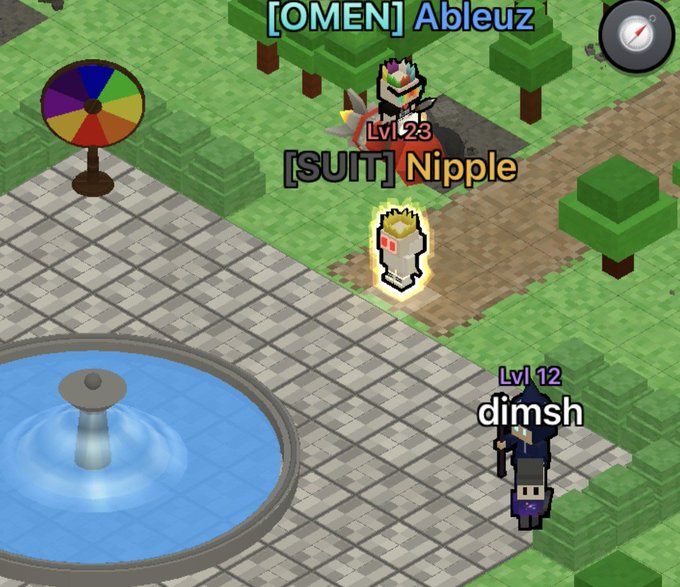 A screenshot from the game Growtopia displays characters labeled "[OMEN] Ableuz Lvl 23", "[SUIT] Nipple", and "Lvl 12 dimsh" standing on grassy and stone tiled blocks near a fountain.