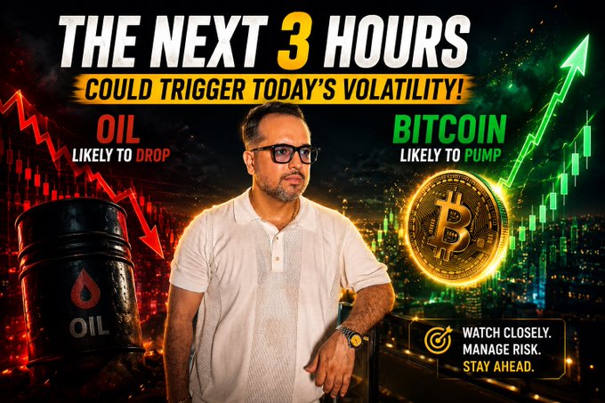 A YouTube-style thumbnail featuring a man in glasses and a white polo shirt, with bold text 'THE NEXT 3 HOURS COULD TRIGGER TODAY'S VOLATILITY!', predicting 'OIL LIKELY TO DROP' and 'BITCOIN LIKELY TO PUMP,' with the tagline 'WATCH CLOSELY. MANAGE RISK. STAY AHEAD.'