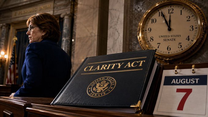 A woman in glasses and a navy blazer stands in the U.S. Senate chamber near a "Clarity Act" binder and a desk calendar displaying "August 7," with a Senate clock showing nearly 12:00 in the background—visually reinforcing the social media post's urgent call to "Pass the Clarity Act" backed by over a million constituent communications.