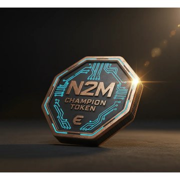 A sleek octagonal metallic token displays "N2M CHAMPION TOKEN" with glowing blue circuitry accents, representing the collaborative efforts of @N2Multiverse and @SpiritClicker on the #Enjin platform. The illuminated design symbolizes their partnership and shared journey in the blockchain gaming space.