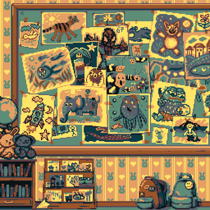 A pixel art illustration of a child's bedroom featuring a bulletin board covered in drawings of animals and creatures, a bookshelf, stuffed animals, and backpacks.