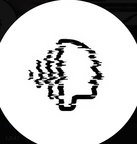 A black and white distorted, glitched face icon inside a white circle.