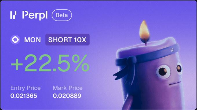 A promotional graphic for 'Perpl Beta' showing a purple candle character wearing a karate belt, displaying a MON SHORT 10X position with +22.5% return.
