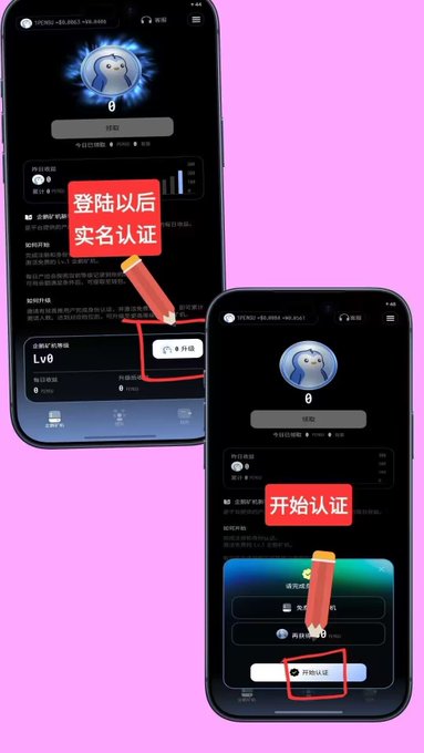Two smartphone screenshots in Chinese showing an app interface with instructions for real-name authentication after login, with red arrows pointing to buttons.