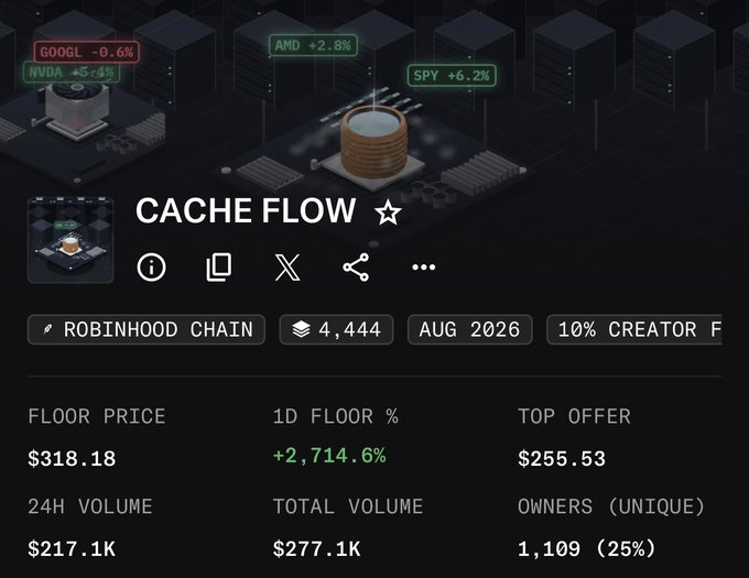 The image displays a detailed statistics page for a digital collectible named "CACHE FLOW" on the Robinhood Chain, with a floor price of $318.18, showing a dramatic 1D floor increase of +2,714.6%, alongside 24H volume of $217.1K and 1,109 unique owners—highlighting how the poster stumbled into massive gains by forgetting about this rare asset while chasing a less rewarding investment.