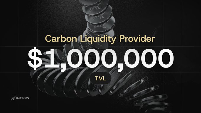 A promotional graphic for Carbon celebrating $1,000,000 in TVL (Total Value Locked), featuring a spiral of black coins on a dark background.