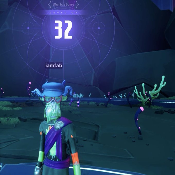 A video game screenshot showing a character named 'iamfab' who has reached Level 32 'Worldstone' in a dark, mystical environment with glowing coral-like structures.