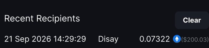 The image shows a transaction record displaying a withdrawal of 0.07322 ETH ($200.03) sent to "Disay" on 21 Sep 2026 at 14:29:29 under a "Recent Recipients" section. It appears to document a MetaWin gambling payout, supporting the post celebrating user @disay_13 winning $200.