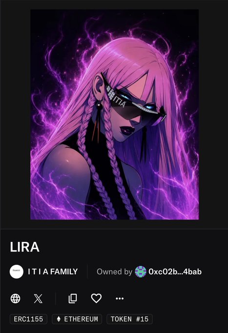 A digital trading card features an anime-style woman with long pink braided hair, dark sunglasses labeled "ITIA," and dark lipstick, surrounded by swirling purple flames against a starry background. The card is titled "LIRA" and tagged as "ITIA FAMILY," ERC1155, Ethereum Token #15, marking the official on-chain launch of the ITIA Family NFT collection.