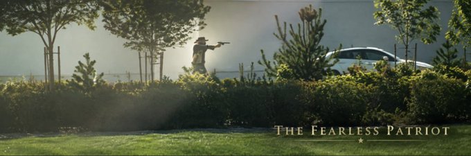 A silhouetted figure in a hat aims a rifle across a sunlit, tree-lined landscape, with the caption "The Fearless Patriot" displayed in the lower right corner. The image evokes a heroic, vigilant tone that parallels the post's narrative of Jordan Salinas being praised as a protector during a dangerous incident.