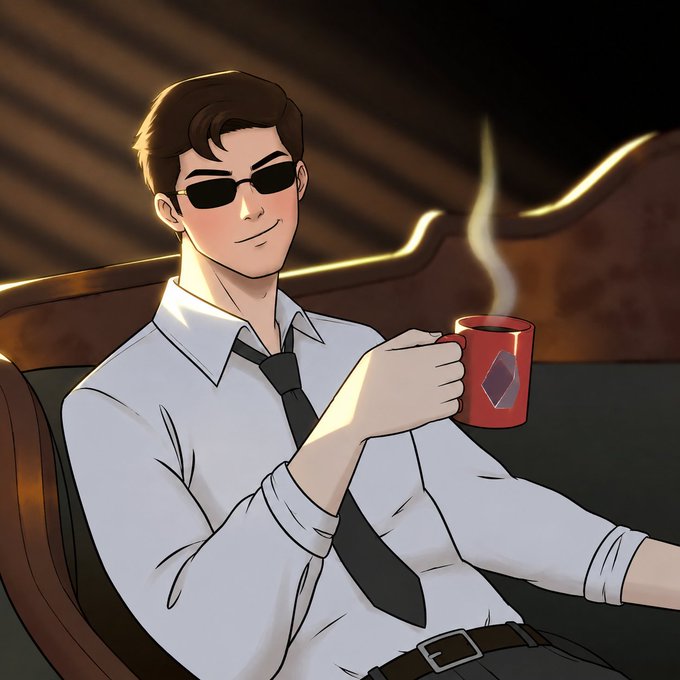 An anime-style illustration of a young man wearing sunglasses, a white shirt, and a black tie, sitting on a couch and holding a steaming red mug with a diamond symbol.