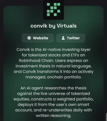 A promotional graphic for 'convix by Virtuals' describing it as 'The AI-native investing layer for tokenized stocks and ETFs on Robinhood Chain' with Website and Twitter buttons.