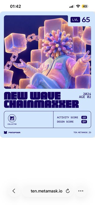 A mobile screenshot from ten.metamask.io showing a 'NEW WAVE CHAINMAXXER' collectible card at LVL 65, featuring a colorful 3D character with a flower head, Activity Score 68 and Degen Score 09.
